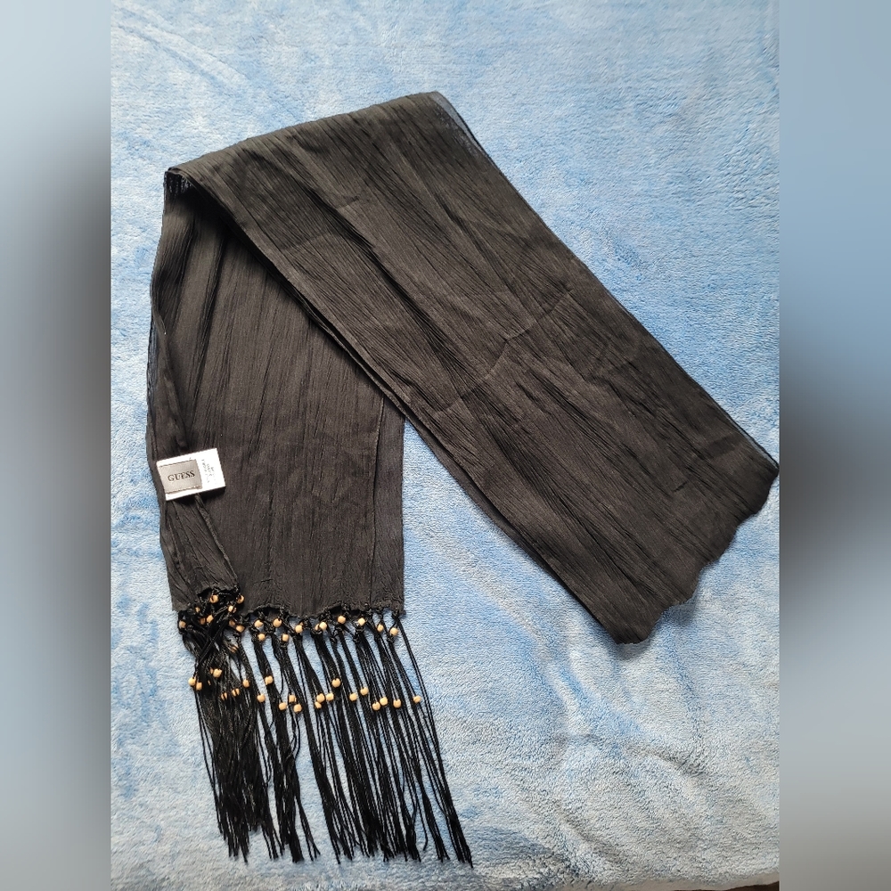 Guess black polyester scarf with wooden bead fringe NWOT